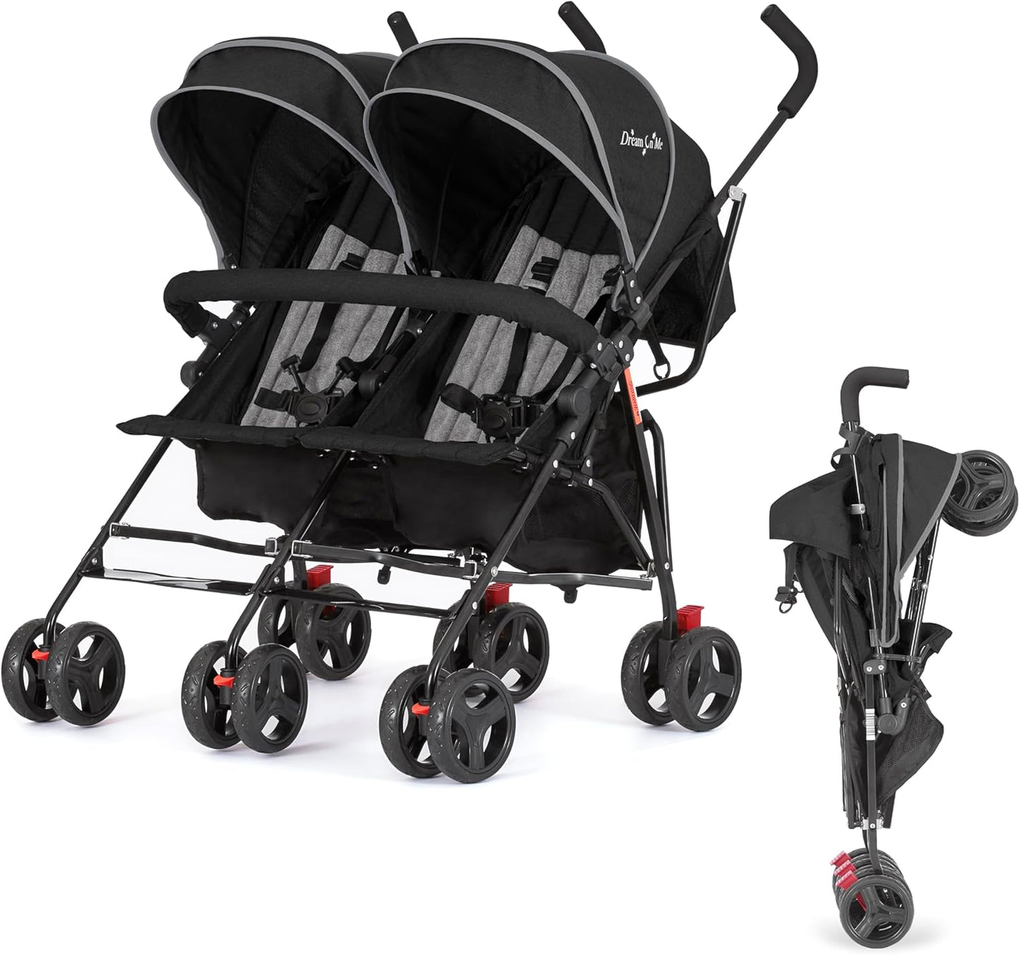 Twin Umbrella Stroller in Black, Lightweight Double Stroller for Infant & Toddler, Compact Easy Fold, Large Storage Basket, Large and Adjustable CanopyQuantumX Chargers