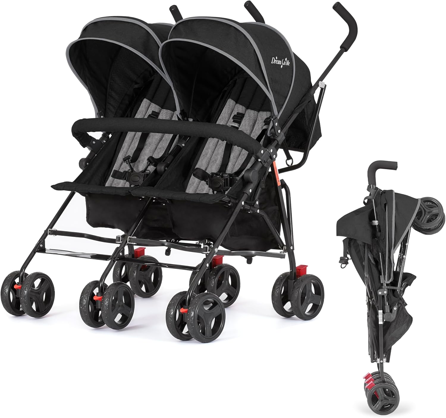 Twin Umbrella Stroller in Black, Lightweight Double Stroller for Infant & Toddler, Compact Easy Fold, Large Storage Basket, Large and Adjustable CanopyQuantumX Chargers